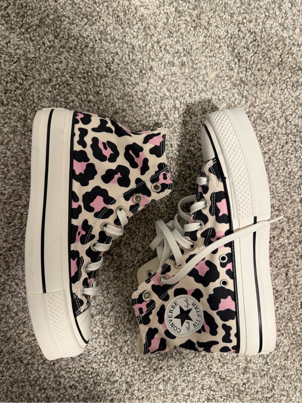 Converse Cream Canvas High-Top Sneakers with Pink and Black Leopard Print